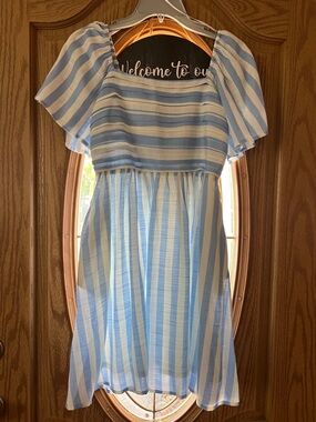 LC Lauren Conrad Light Blue & White Striped Square-Neck Sundress